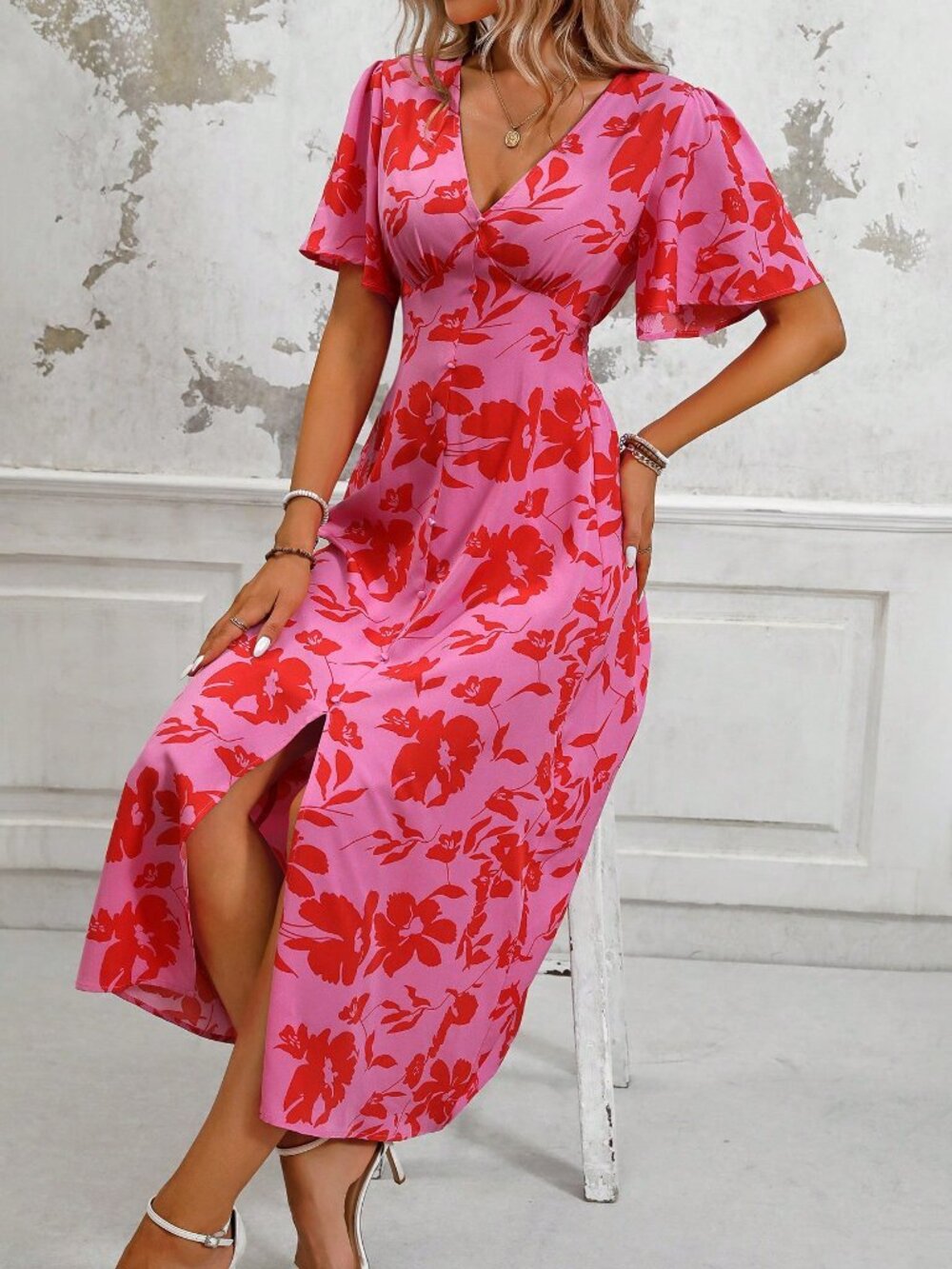 Pink Boho Women's Plant Print V-Neck Short Sleeve Maxi Dress with Side Slit - Picture 7 of 7